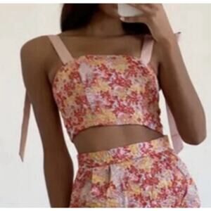 LULUS Ellarina Floral Glittery Metallic Jacquard Zip Up Crop Top With Ties Sz S